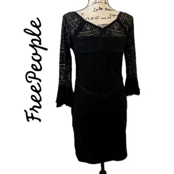 FREE PEOPLE DRESS BODYCON BLACK CROCHET DRESS 3/4 BELL SLEEVES Sz M AESTHETIC - Picture 2 of 16